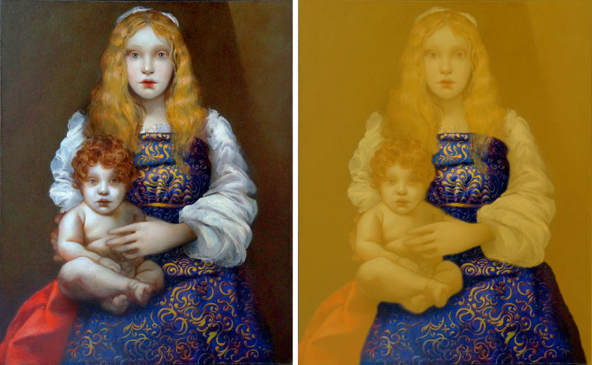 麦当娜和孩子-如何在油画蓝色图案的窗帘