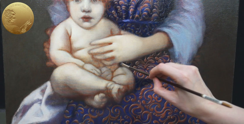 麦当娜和孩子-如何在油画蓝色图案的窗帘